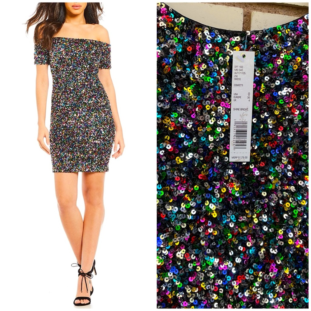 NWT Gianni Bini Confetti Sequin Off The Shoulder Shine Bright Zoe Dress Size 0